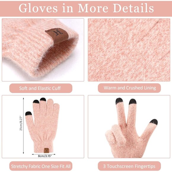 Women's Pink Warm Knit Beanie Hat Touchscreen Gloves Long Neck Scarf Set - Picture 3 of 6